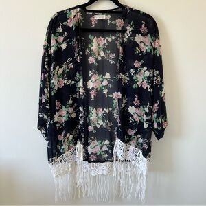 Rachael and Chloe Black Floral Flower Kimono Fringe Crochet Cover-up Wrap